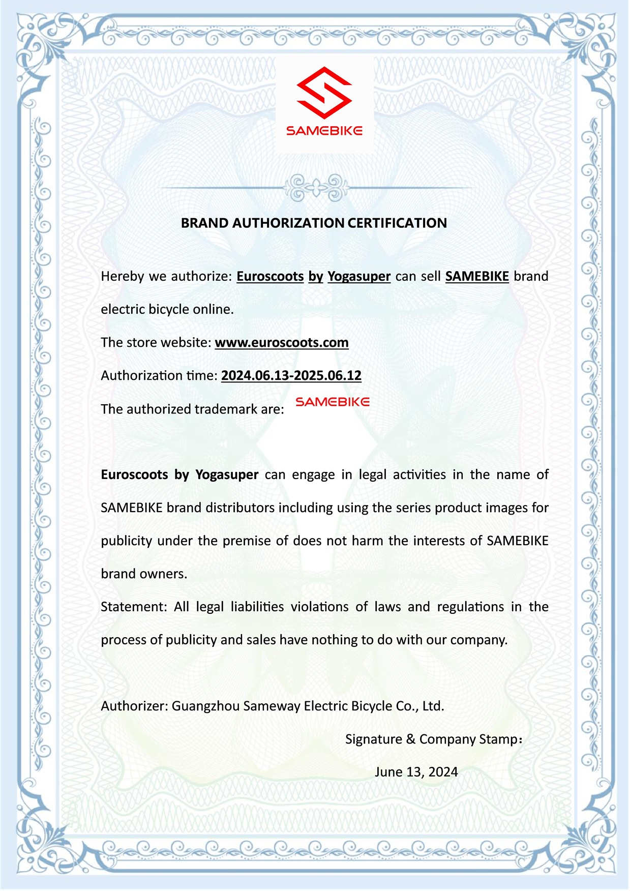 SAMEBIKE Certificate for Euroscoots1